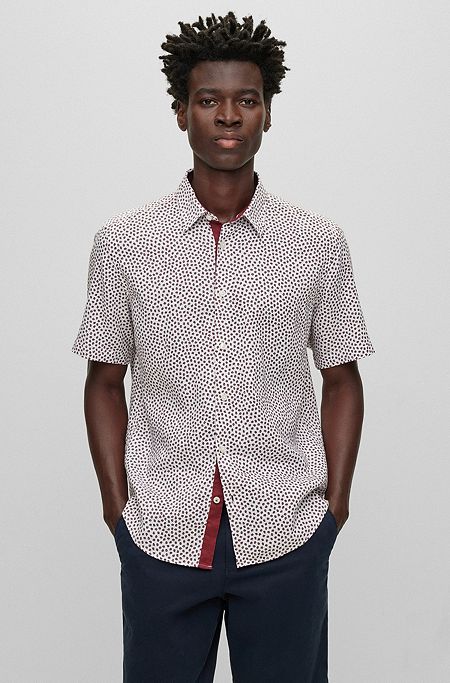 Regular-fit shirt in printed stretch-linen chambray, Red