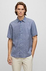 Regular-fit shirt in printed stretch-linen chambray, Light Blue