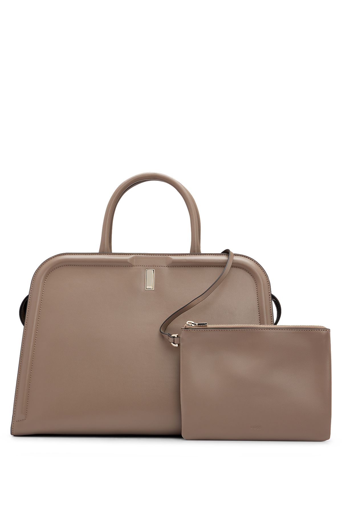 Leather tote bag with detachable pouch, Beige