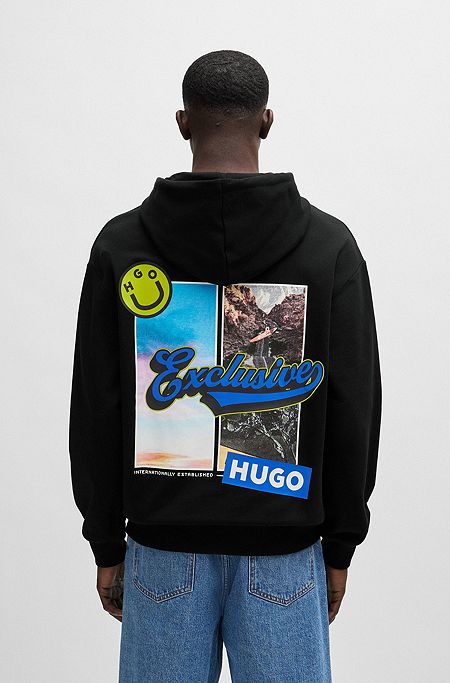 Cotton-terry regular-fit hoodie with seasonal artwork, Black