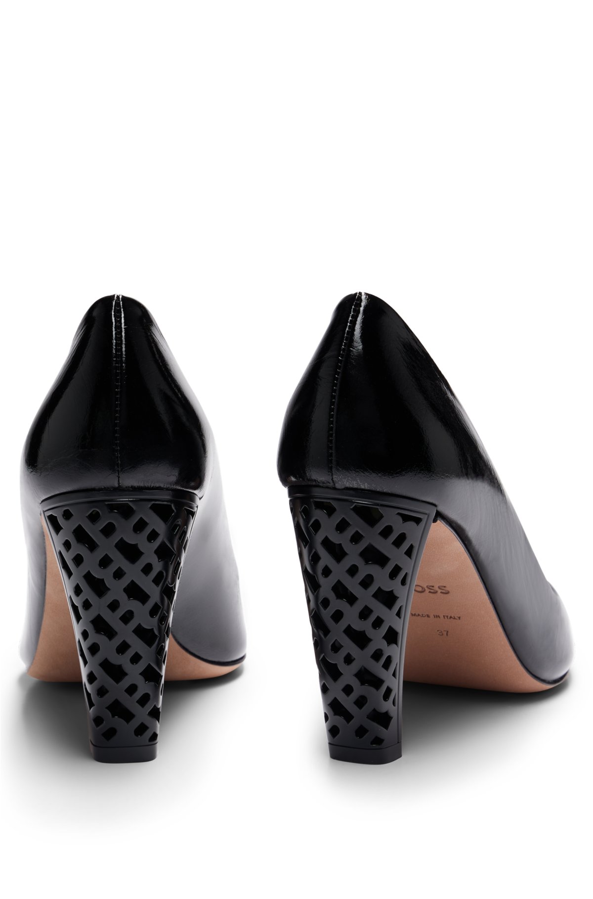 Leather pumps with monogram-patterned heels, Black