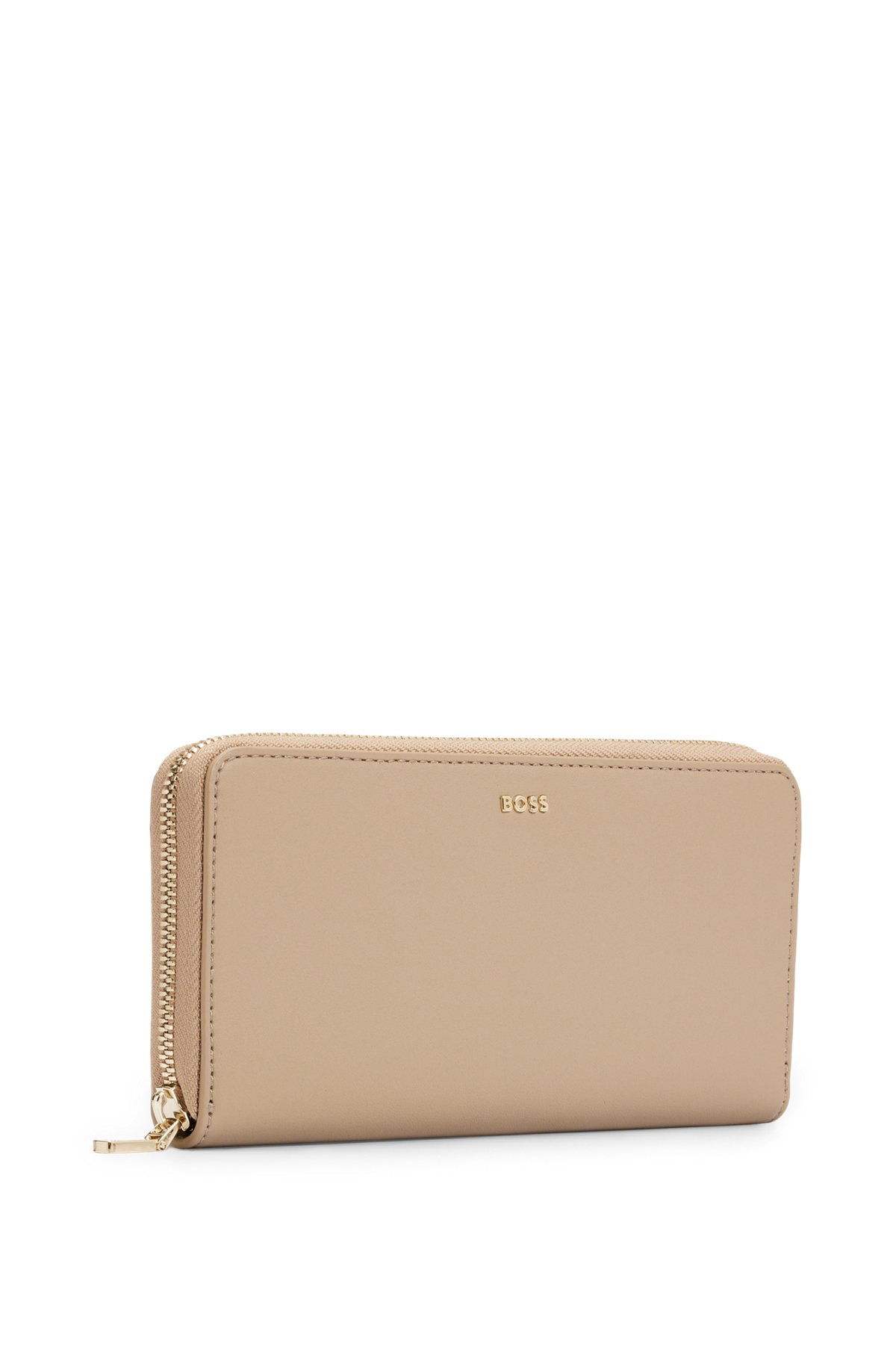 Faux-leather zip-up wallet with logo lettering, Beige