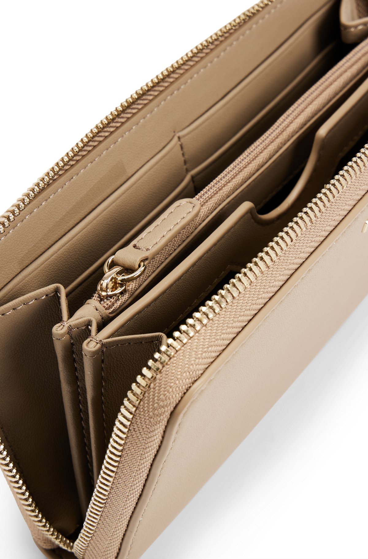 Faux-leather zip-up wallet with logo lettering, Beige