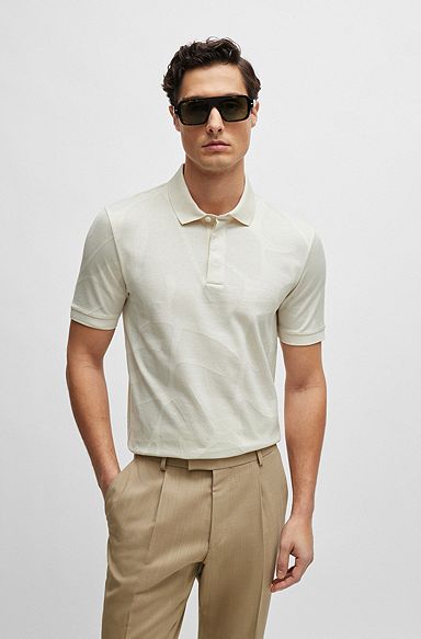 Slim-fit polo shirt in monstera-leaf cotton, Natural