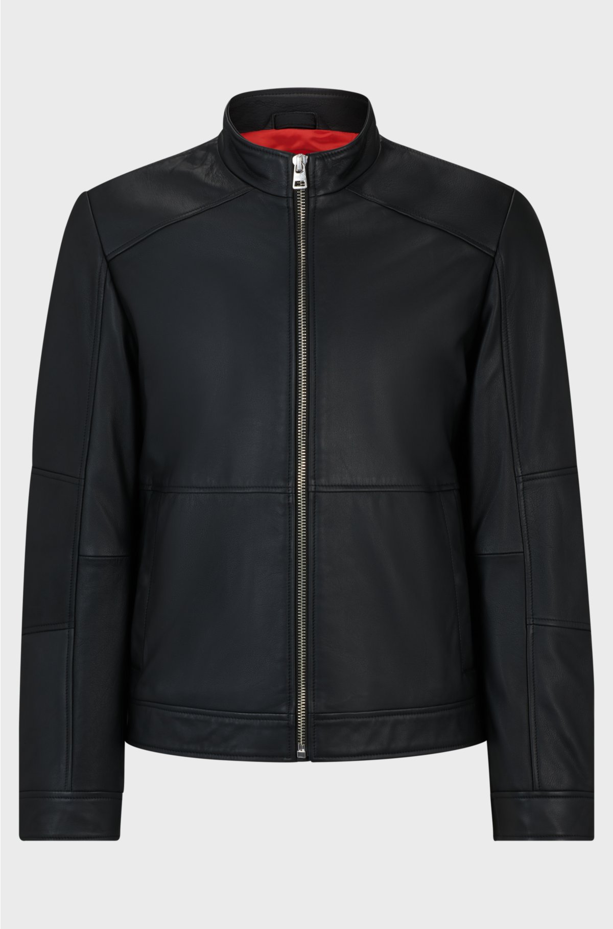Extra-slim-fit leather jacket with red lining, Black