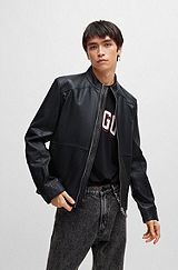Extra-slim-fit leather jacket with red lining, Schwarz