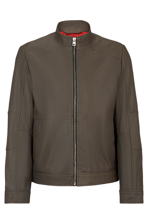 Extra-slim-fit leather jacket with red lining, Brown