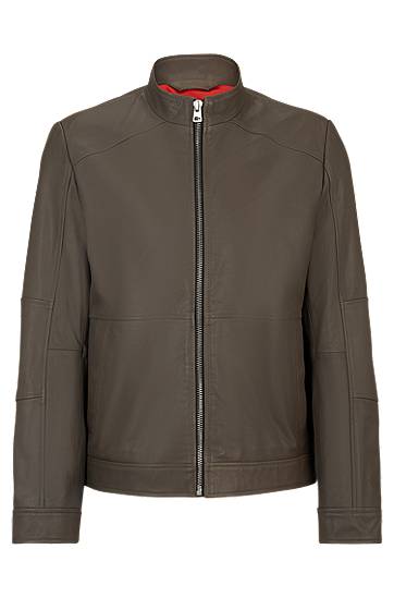 Extra-slim-fit leather jacket with red lining, Hugo boss