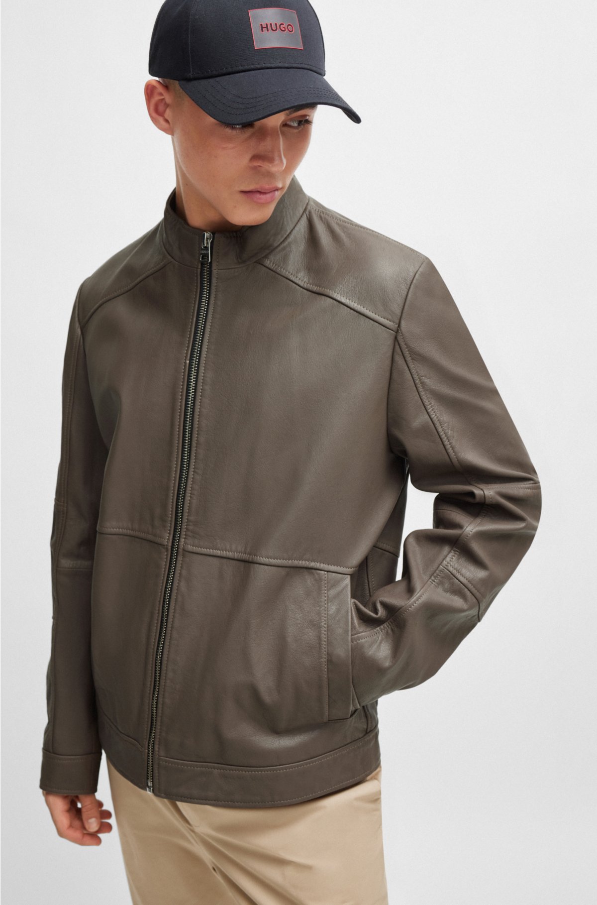 Extra-slim-fit leather jacket with red lining, Brown