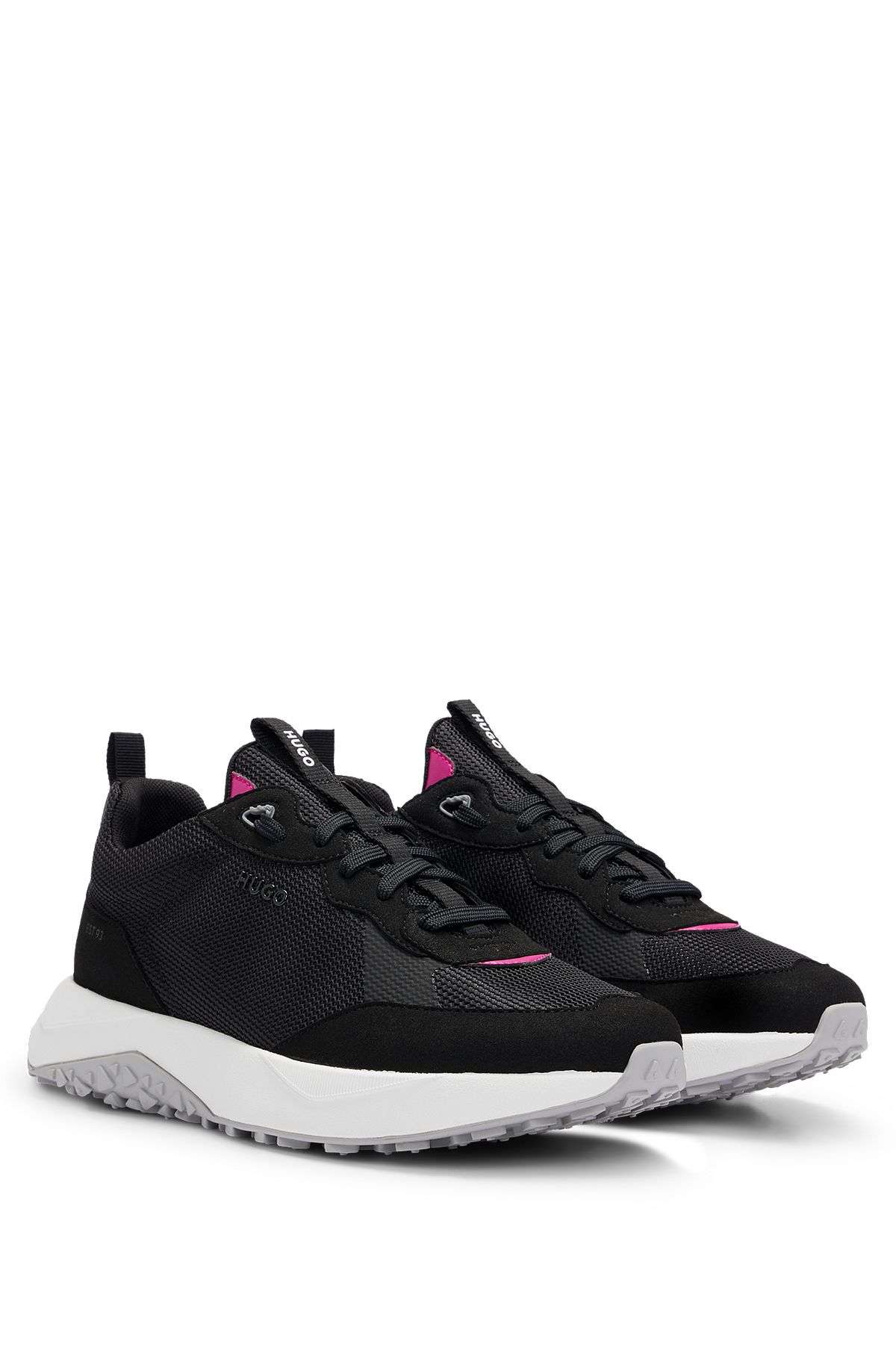 Mixed-material trainers with mesh and branding, Black