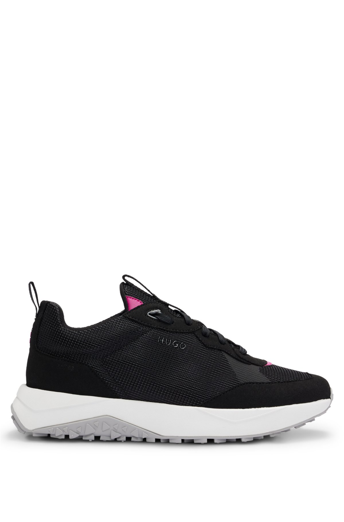 Mixed-material trainers with mesh and branding, Black