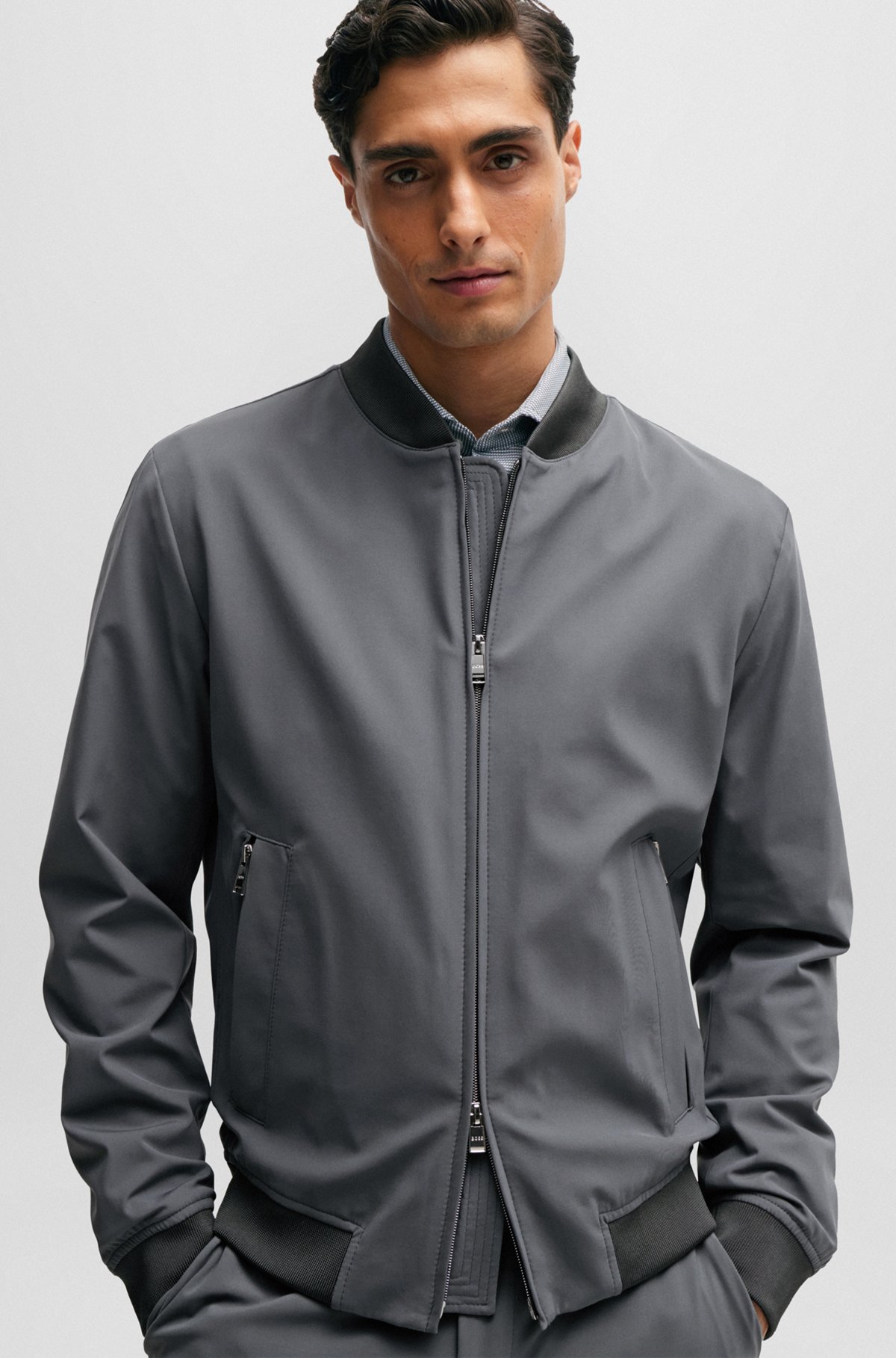 Slim-fit jacket in crease-resistant jersey, Grey