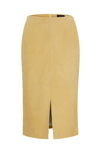Pencil skirt in nubuck leather with front slit, Yellow