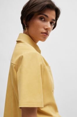 Cropped jacket in nubuck leather with chest pockets, Yellow