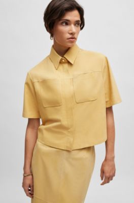 Cropped jacket in nubuck leather with chest pockets, Yellow