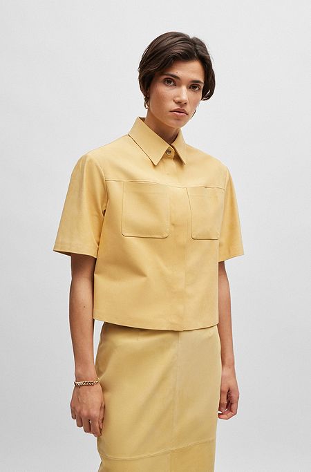 Cropped jacket in nubuck leather with chest pockets, Yellow