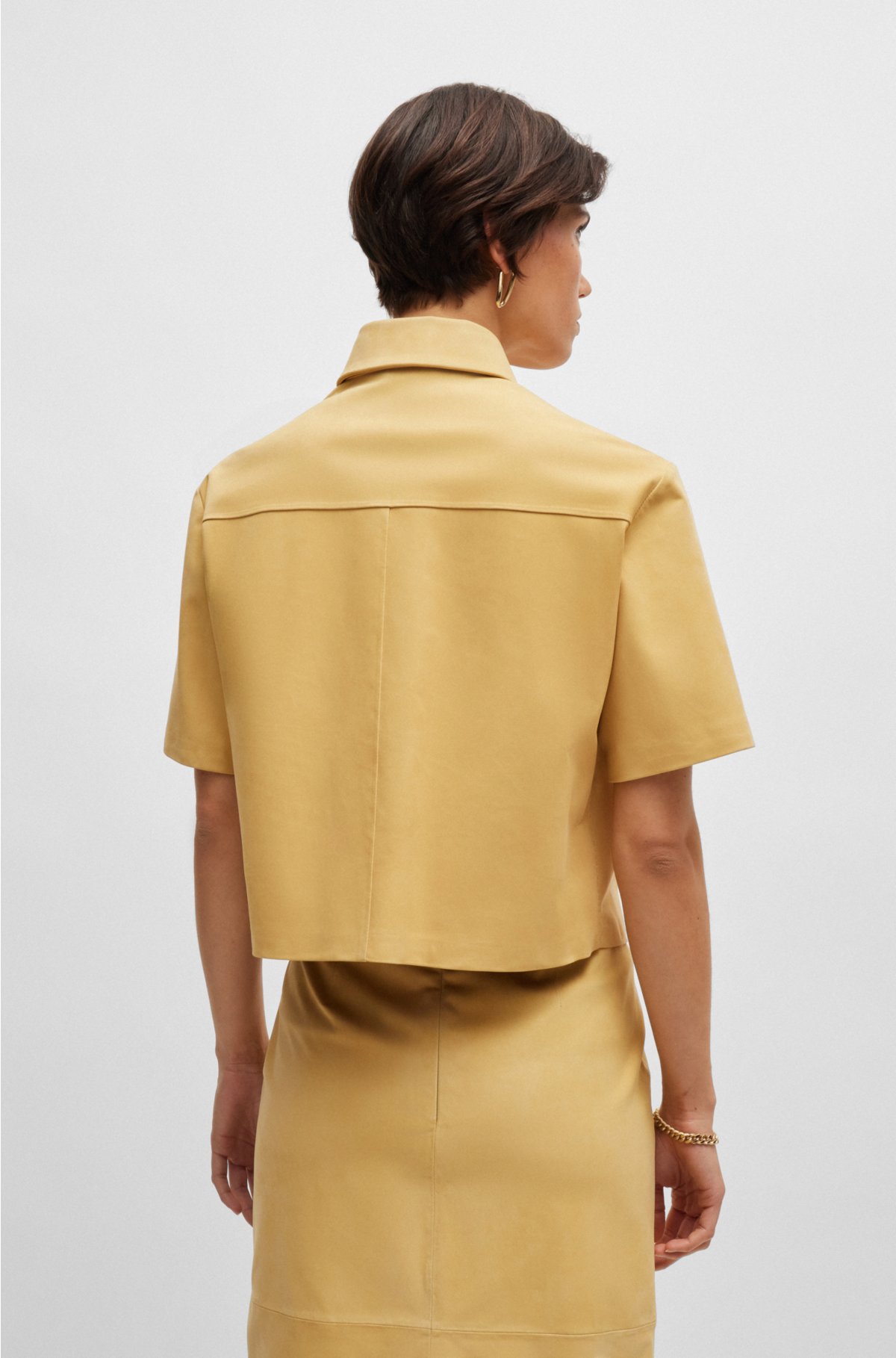 Cropped jacket in nubuck leather with chest pockets, Yellow
