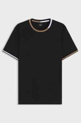Mercerised-cotton T-shirt with signature-stripe details, Black