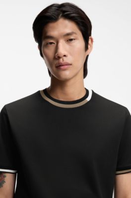 Mercerised-cotton T-shirt with signature-stripe details, Black