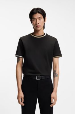 Mercerised-cotton T-shirt with signature-stripe details, Black