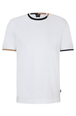 Mercerised-cotton T-shirt with signature-stripe details, White