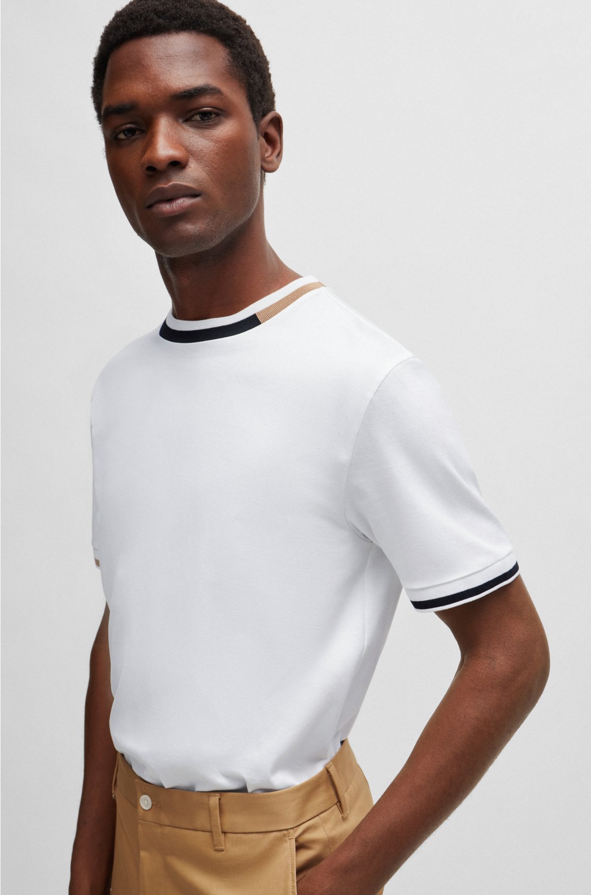 BOSS - Mercerised-cotton T-shirt with signature-stripe details