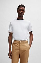 Mercerised-cotton T-shirt with signature-stripe details, White
