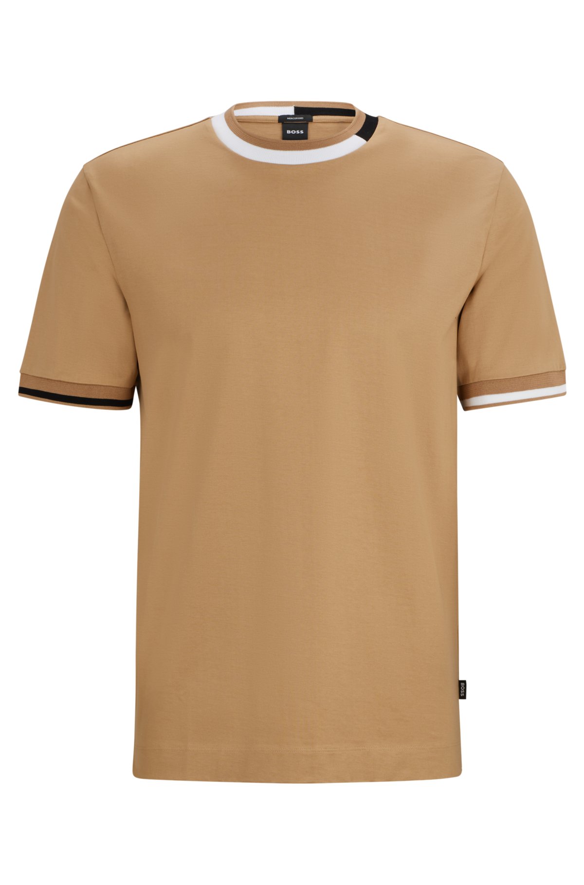 Mercerised-cotton T-shirt with signature-stripe details, Beige