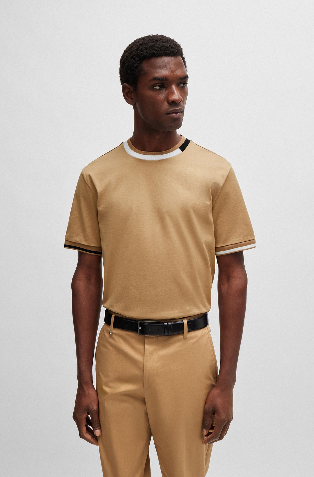 T-Shirt aus merzerisierter Baumwolle mit Signature-Streifen-Akzenten, Beige
