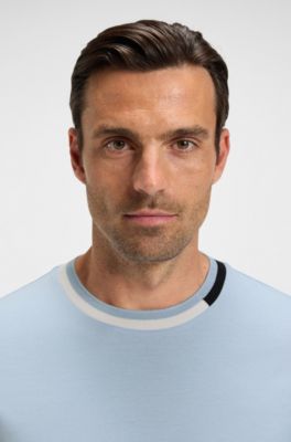 Mercerised-cotton T-shirt with signature-stripe details, Light Blue