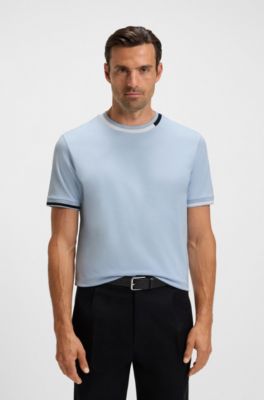 Mercerised-cotton T-shirt with signature-stripe details, Light Blue