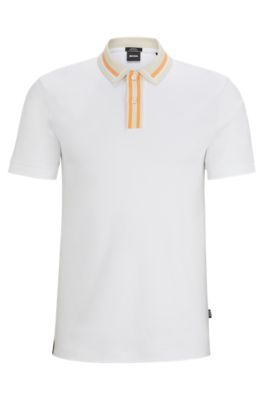 BOSS - Mercerised-cotton slim-fit polo shirt with contrast stripes