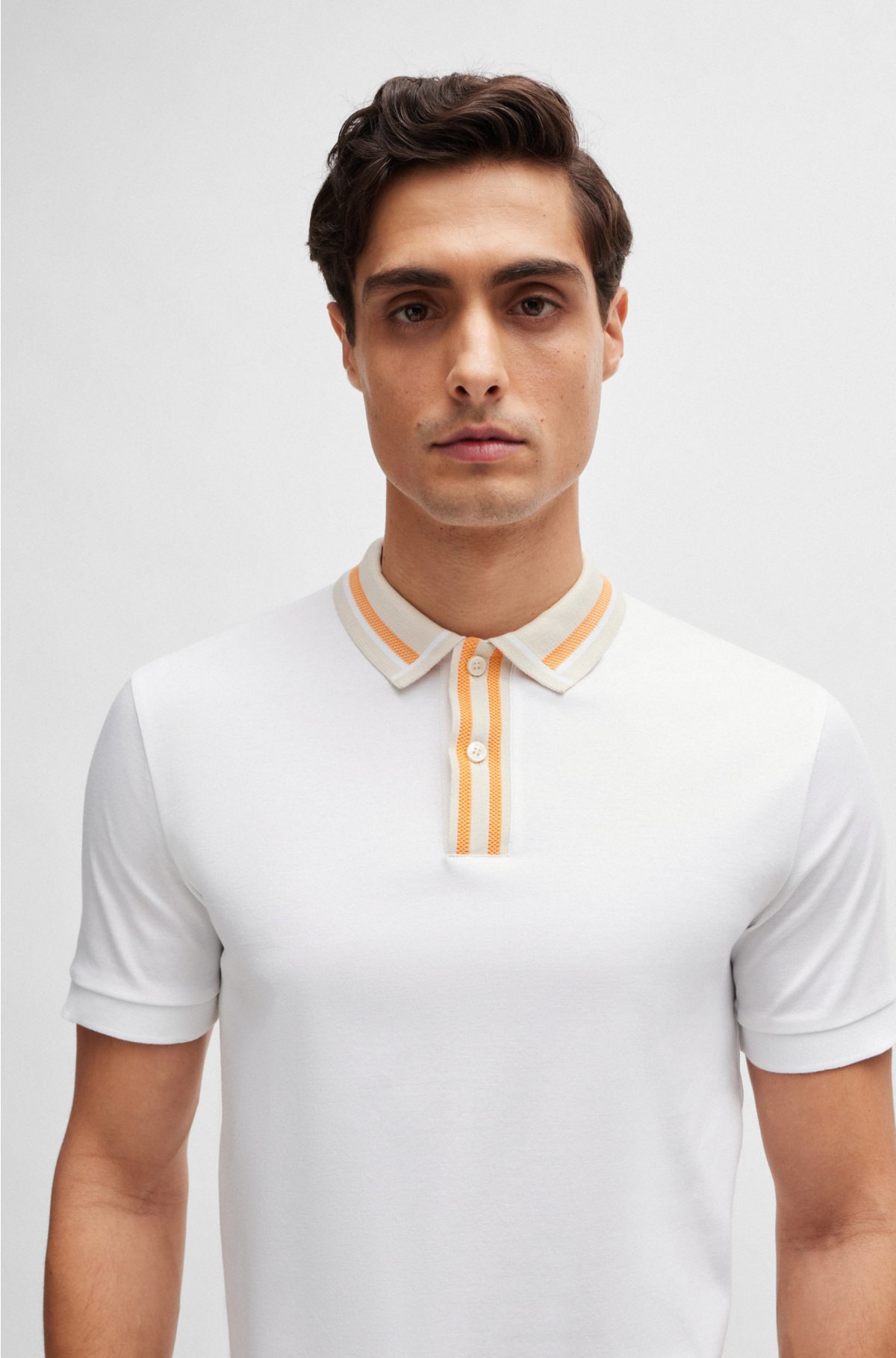 Mercerised-cotton slim-fit polo shirt with contrast stripes, White