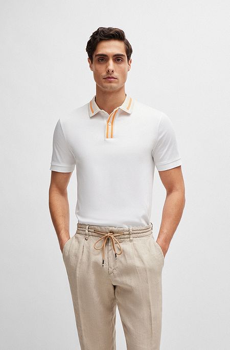 Mercerised-cotton slim-fit polo shirt with contrast stripes, White