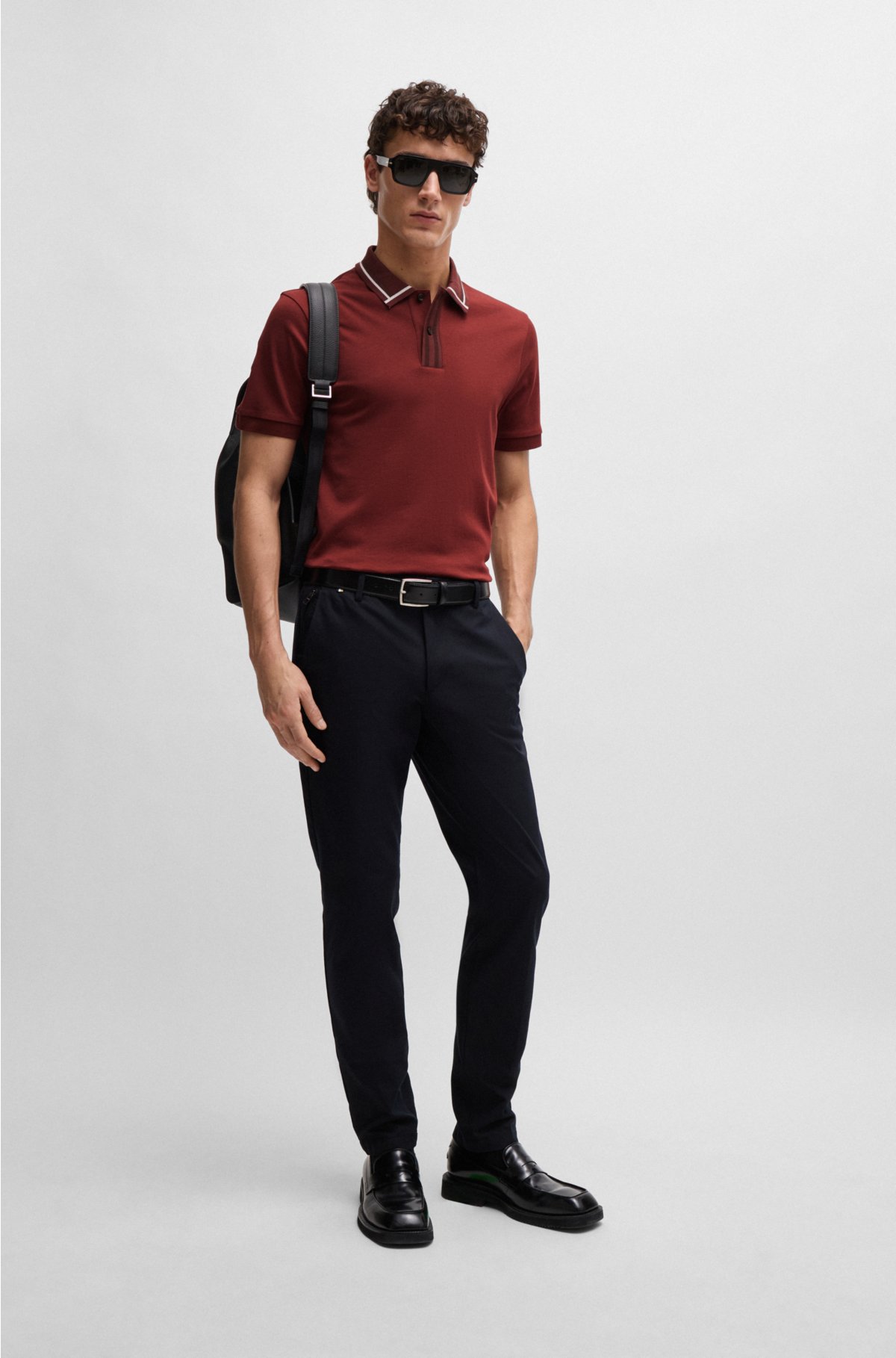 Mercerised-cotton slim-fit polo shirt with contrast stripes, Red