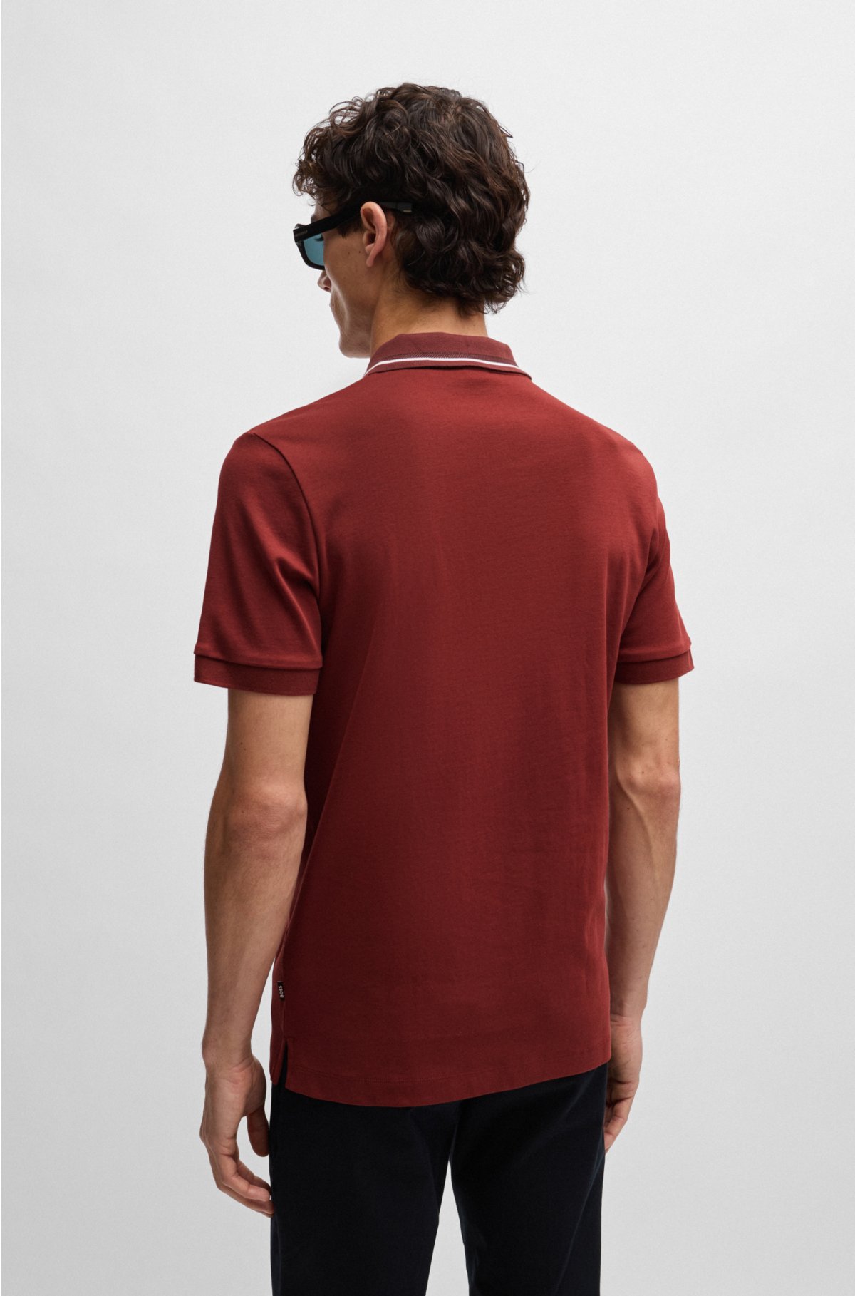Mercerised-cotton slim-fit polo shirt with contrast stripes, Red