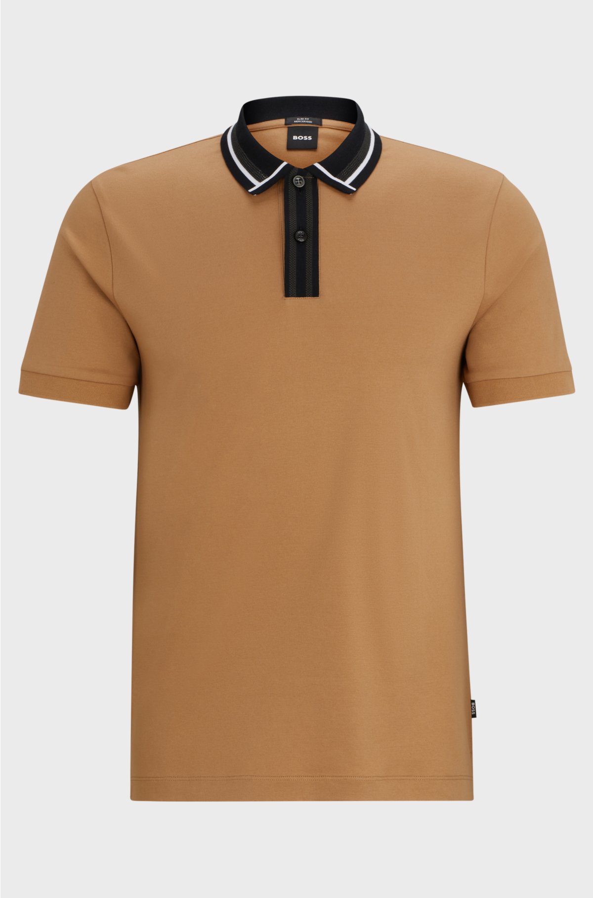 Mercerised-cotton slim-fit polo shirt with contrast stripes, Beige