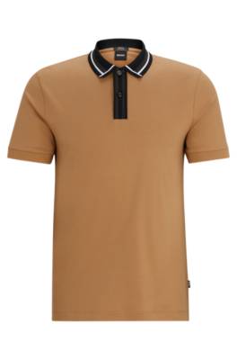 Hugo Boss Mercerised-cotton Slim-fit Polo Shirt With Contrast Stripes In Brown