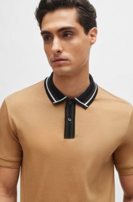 BOSS - Mercerised-cotton slim-fit polo shirt with contrast stripes 