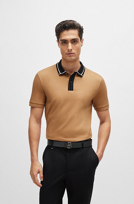 Mercerised-cotton slim-fit polo shirt with contrast stripes, Beige