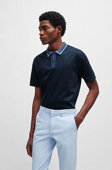 Mercerised-cotton slim-fit polo shirt with contrast stripes, Dark Blue