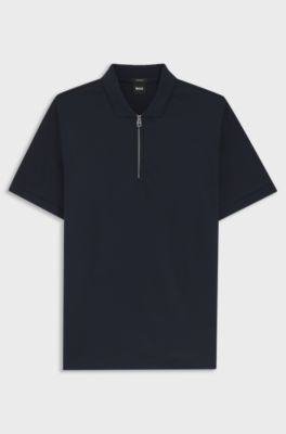 Mercerised-cotton slim-fit polo shirt with zip neck, Dark Blue
