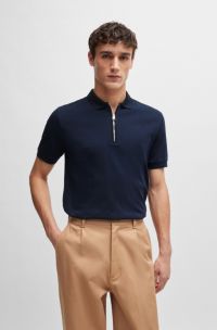 Mercerised-cotton slim-fit polo shirt with zip neck, Dark Blue