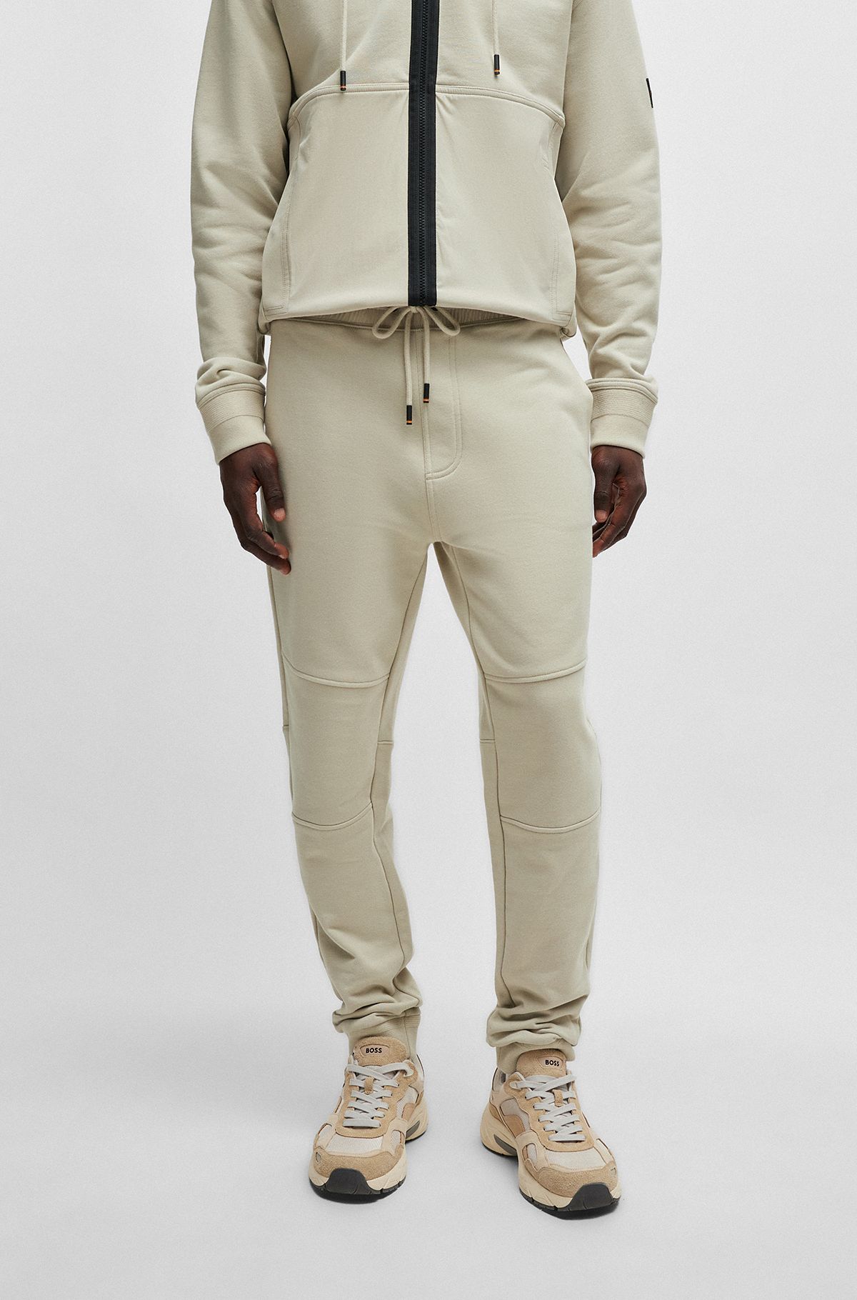 Cotton-terry tracksuit bottoms with contrast trims, Natural