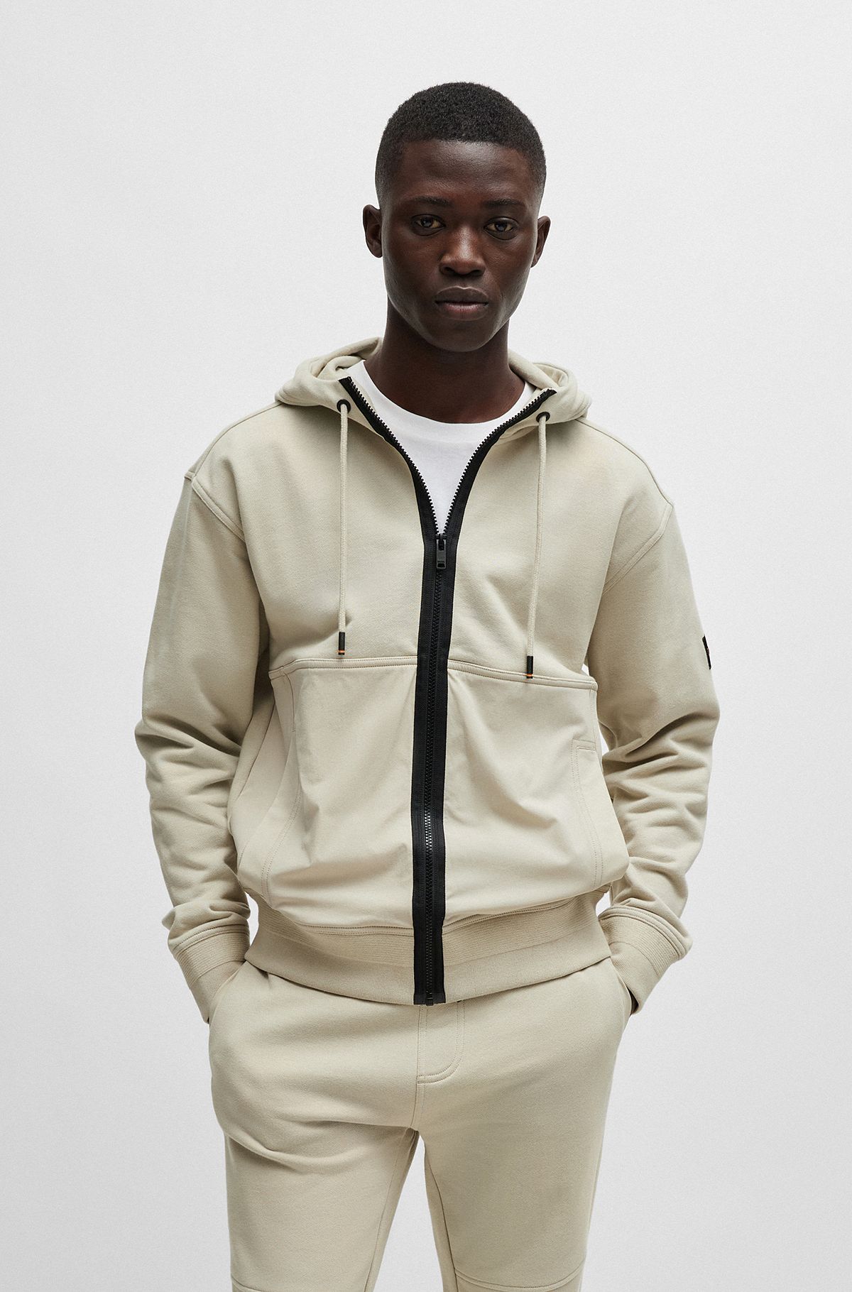 Relaxed-fit zip-up hoodie with contrast panel, Natural