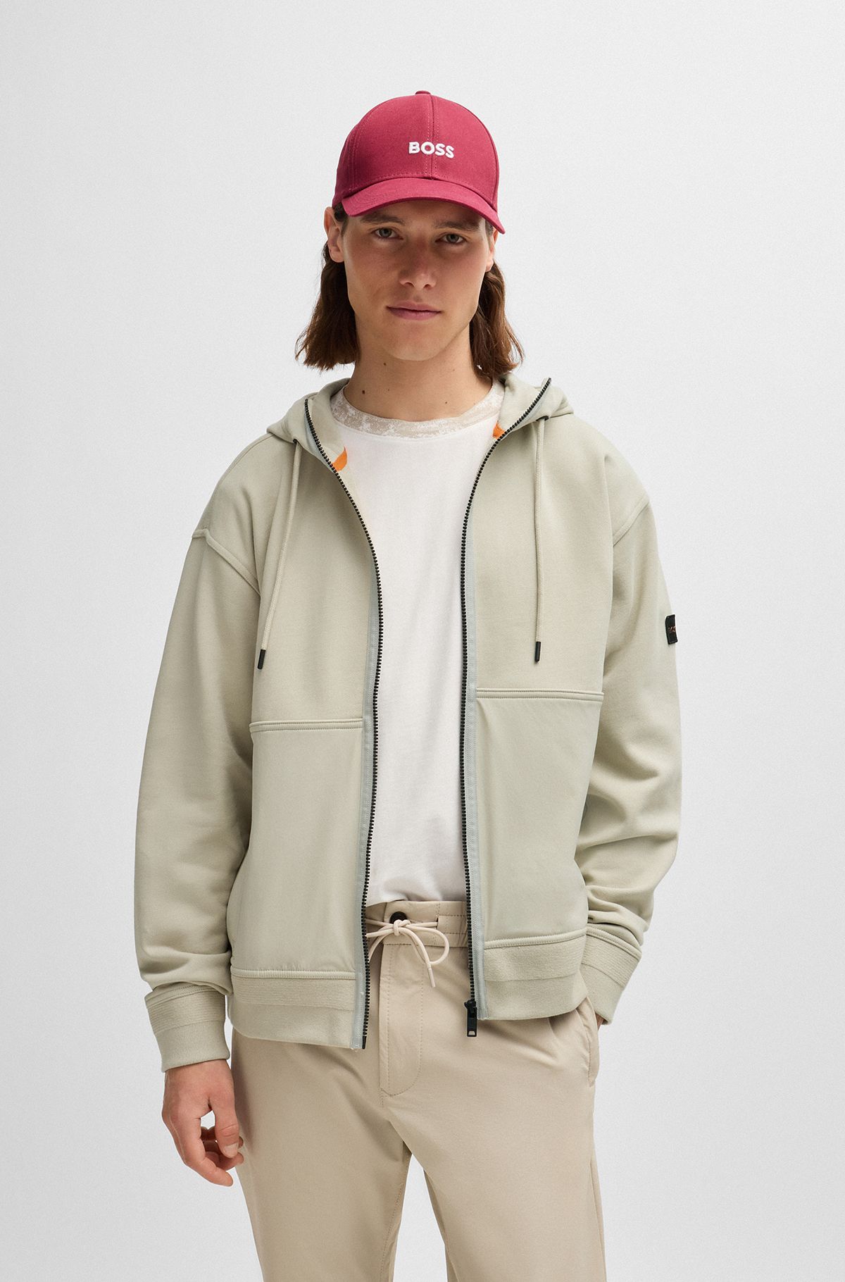 Relaxed-fit zip-up hoodie with contrast panel, Natural