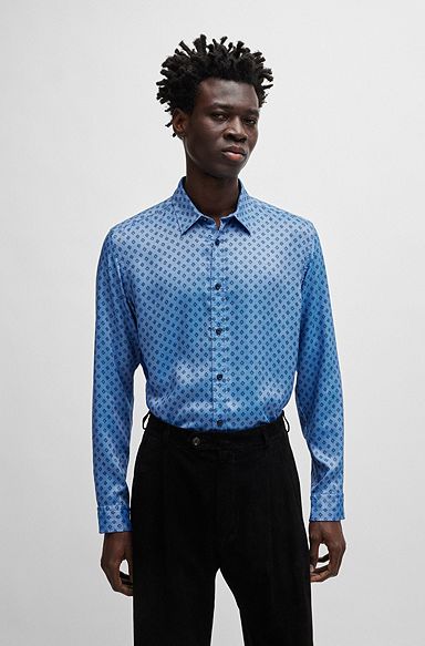Regular-fit shirt in printed Oxford fabric, Blue