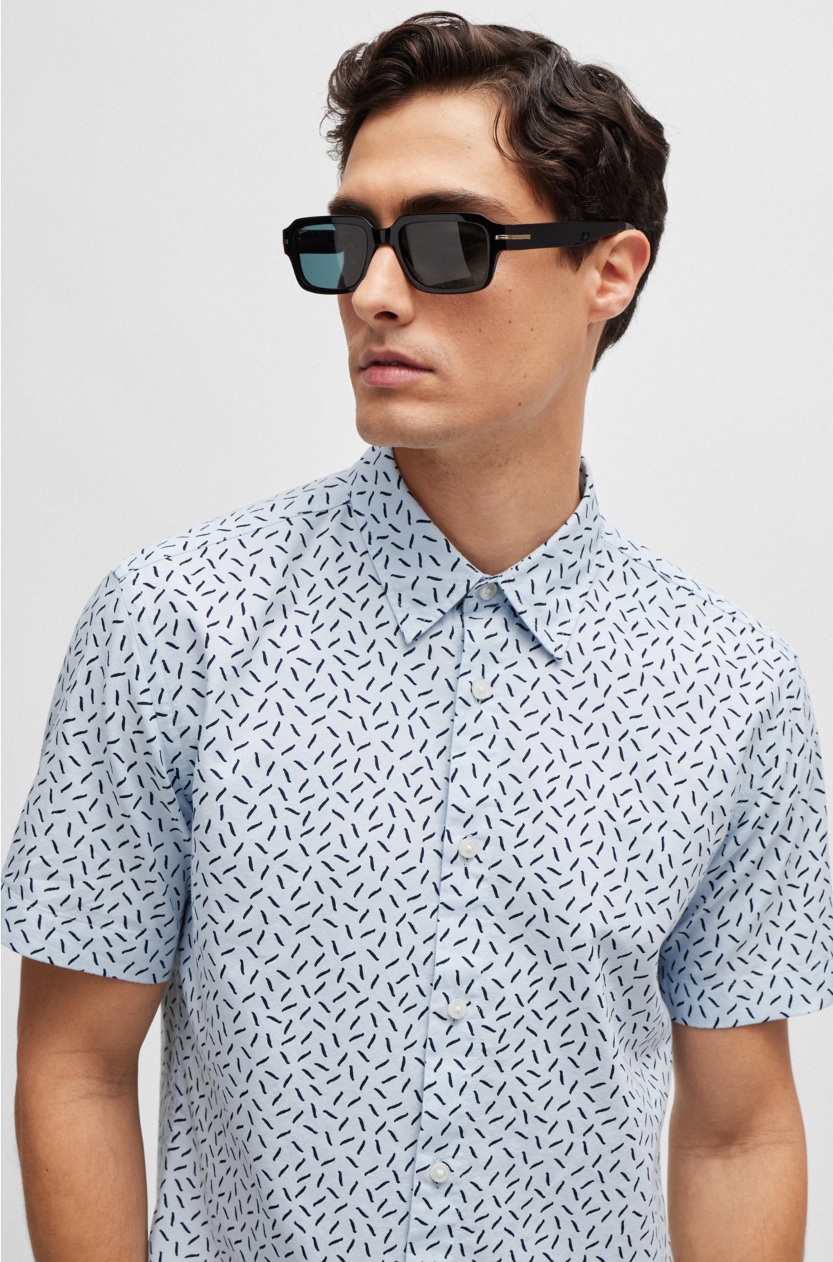 Slim-fit shirt in printed Oxford cotton, Light Blue