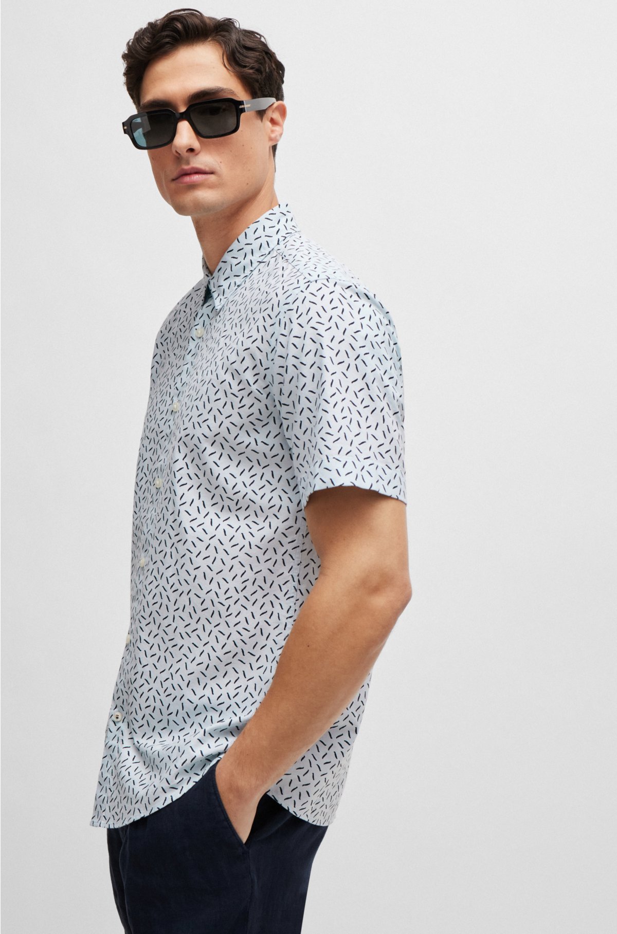 Slim-fit shirt in printed Oxford cotton, Light Blue