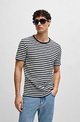 Horizontal-stripe T-shirt in cotton and linen, Dark Blue